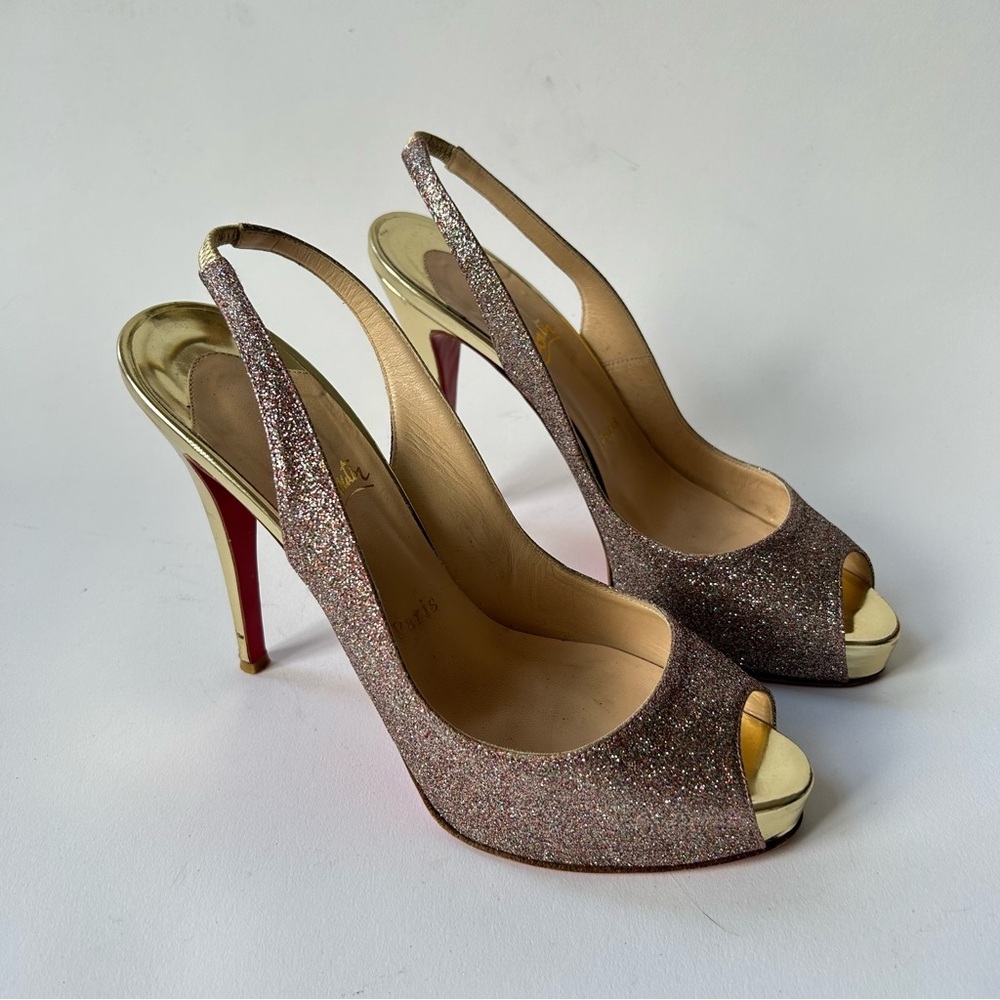 Christian Louboutin Lady Peep Slingback Peep Toe Glitter Heel sz 40 - Picture 3 of 16